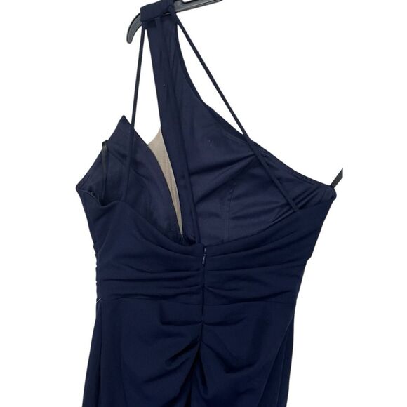 NWT Betsy & Adam | Petites Navy Blue One Shoulder Illusion Evening Dress 4P - Picture 6 of 11